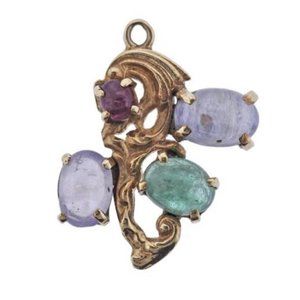 Rare Seaman Schweppes Vintage 14k Gold & Cabochon Multi Gemstone Pendant Charm